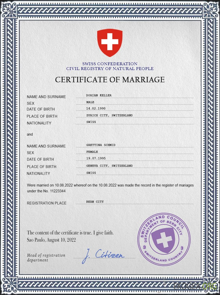 Modèle PSD de certificat de mariage en Suisse